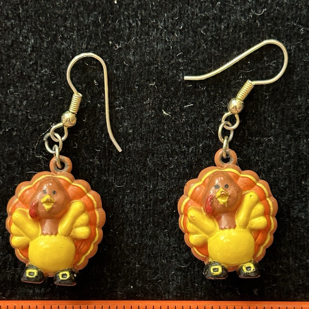 Vintage Russ‎ Plastic Thanksgiving Strutting Turkey Dangle Drop Pierced Earrings